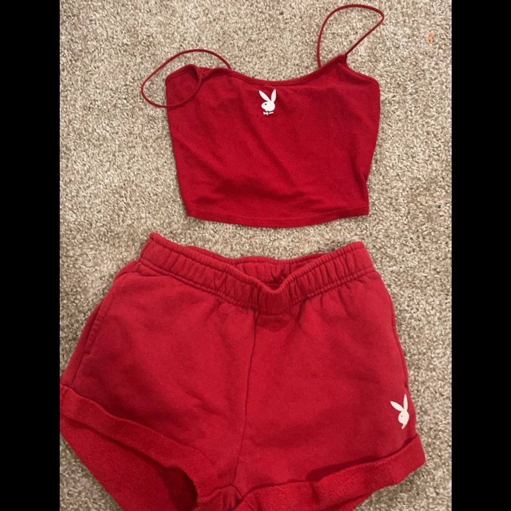Pacsun Playboy crop top and sweat shorts set